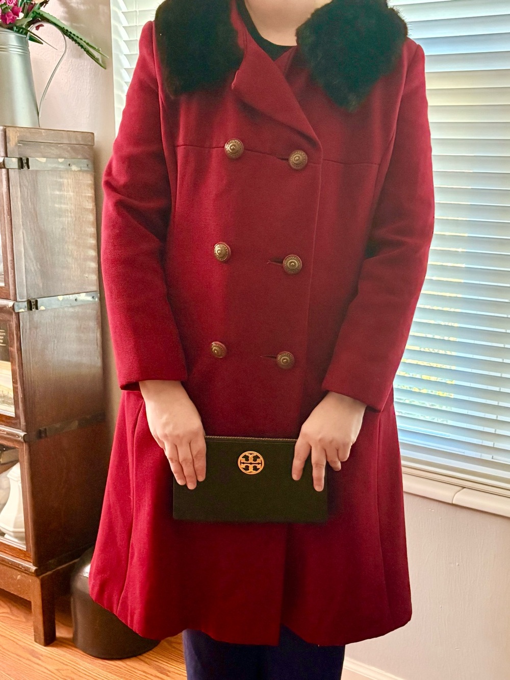 Women's Double-Breasted Red Wool Coat with Faux Fur Collar